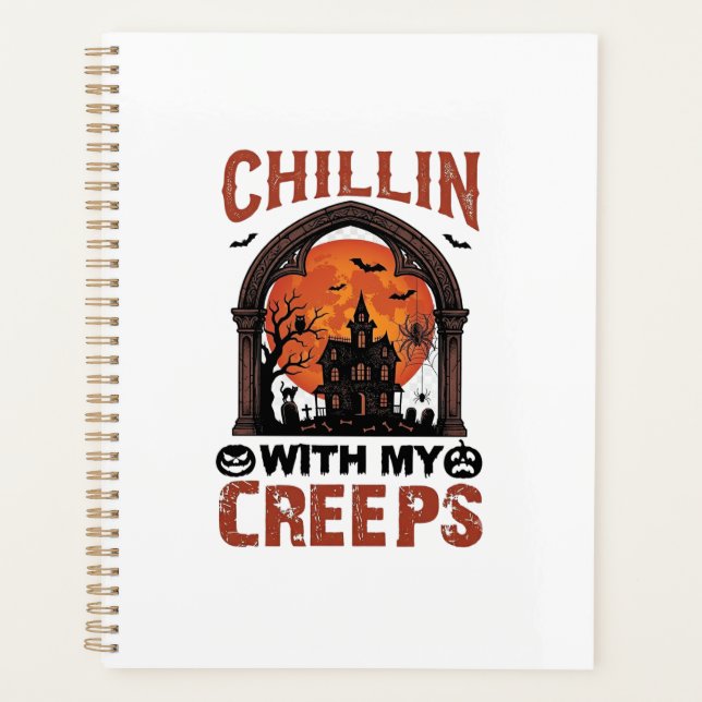 Chillin Creeps Halloween Haunted House Orange Moon Planner (Front)
