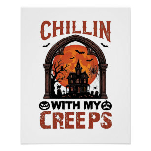 Chillin Creeps Halloween Haunted House Orange Moon Poster
