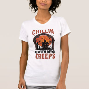 Chillin Creeps Halloween Haunted House Orange Moon T-Shirt