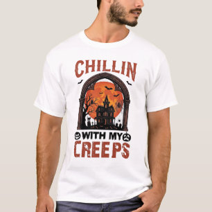 Chillin Creeps Halloween Haunted House Orange Moon T-Shirt