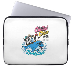 Chillin Crew Surf Club Penguin Dolphin T-Shirt Laptop Sleeve