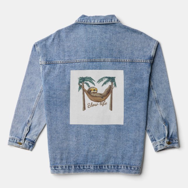 Chillin' Sloth in a Hammock Oversized T-Shirt Denim Jacket (Back)