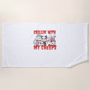Chillin With My Creeps Cat Horror Killer Halloween Beach Towel