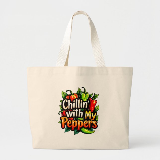 Chillin' with My Peppers - Colourful Chilli Graphi Large Tote Bag (Front)