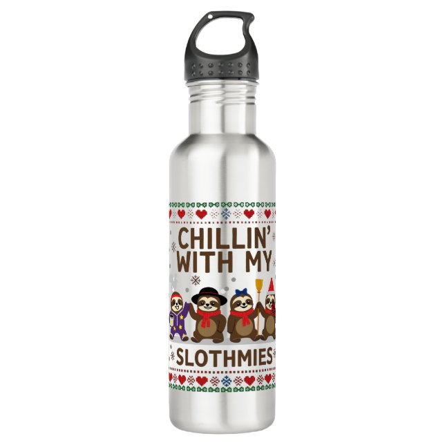 Chillin With My Slothmies Funny Sloth Ugly Christm 710 Ml Water Bottle (Front)