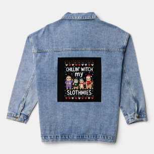 Chillin With My Slothmies Funny Sloth Ugly Christm Denim Jacket