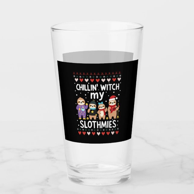 Chillin With My Slothmies Funny Sloth Ugly Christm Glass (Front)
