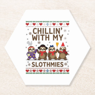 Chillin With My Slothmies Funny Sloth Ugly Christm Paper Coaster