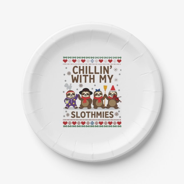 Chillin With My Slothmies Funny Sloth Ugly Christm Paper Plate (Front)