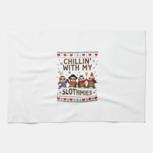 Chillin With My Slothmies Funny Sloth Ugly Christm Tea Towel