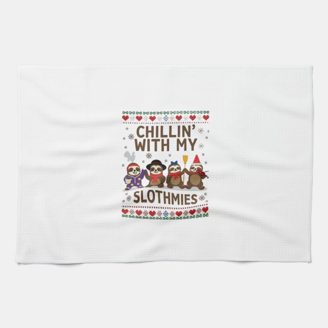 Chillin With My Slothmies Funny Sloth Ugly Christm Tea Towel (Horizontal)