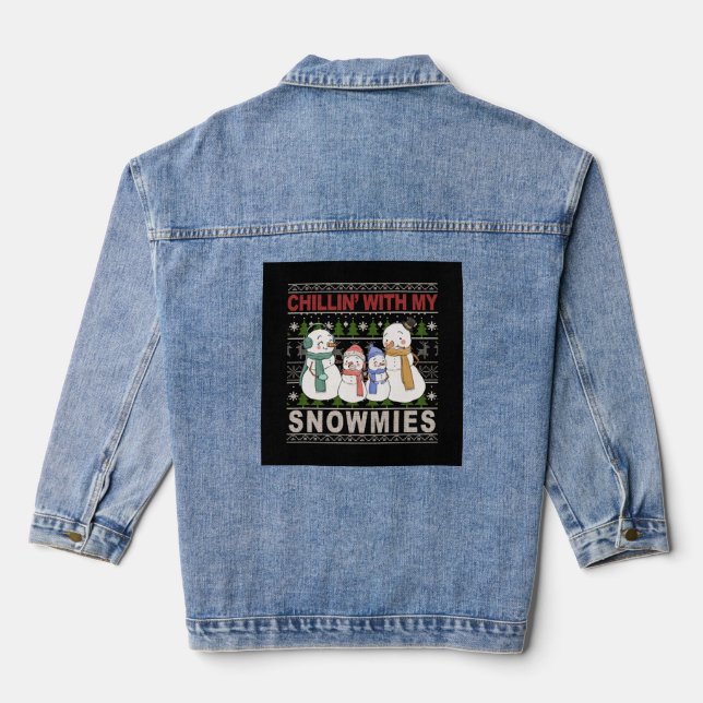 Chillin With My Snowmies Funny Ugly Christmas Denim Jacket (Back)