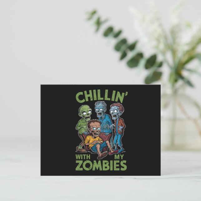 Chillin With My Zombies Halloween Boys Kids Funny Postcard (Standing Front)