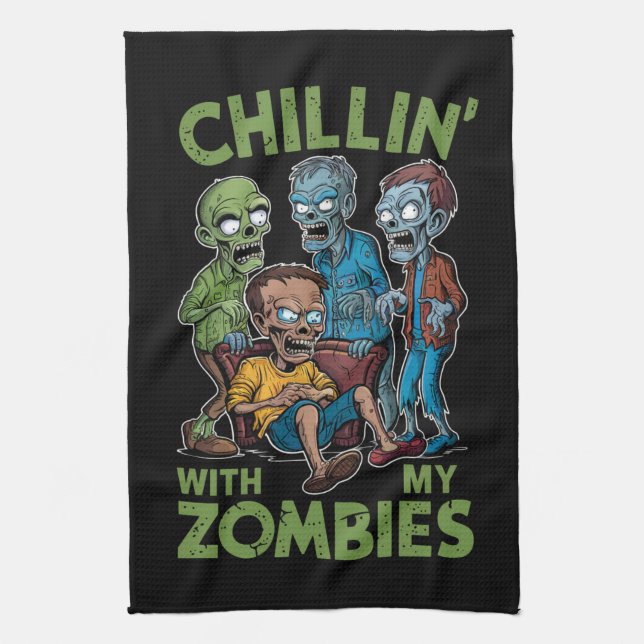 Chillin With My Zombies Halloween Boys Kids Funny Tea Towel (Vertical)