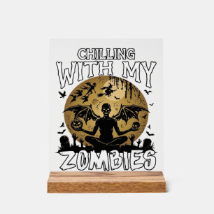 Chilling Zombies Halloween Winged Demon Moon Grave Acrylic Sign