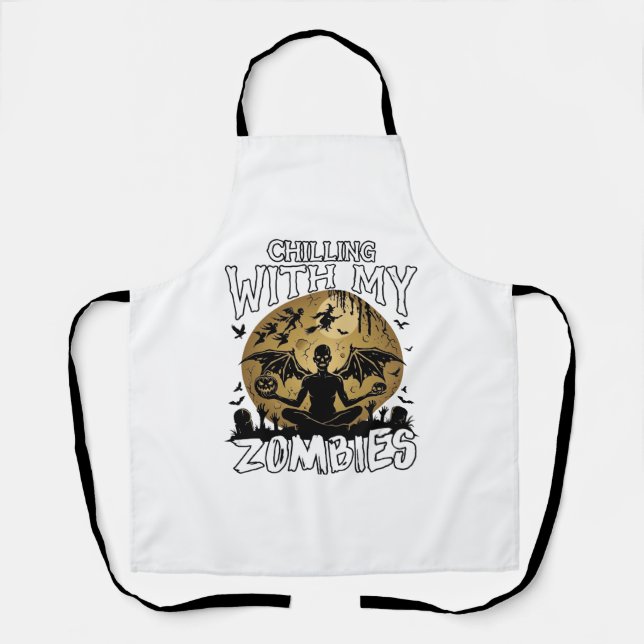 Chilling Zombies Halloween Winged Demon Moon Grave Apron (Front)