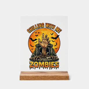 Chilling Zombies Hand Tombstone Full Moon Bats Acrylic Sign