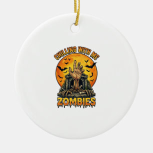 Chilling Zombies Hand Tombstone Full Moon Bats Ceramic Tree Decoration