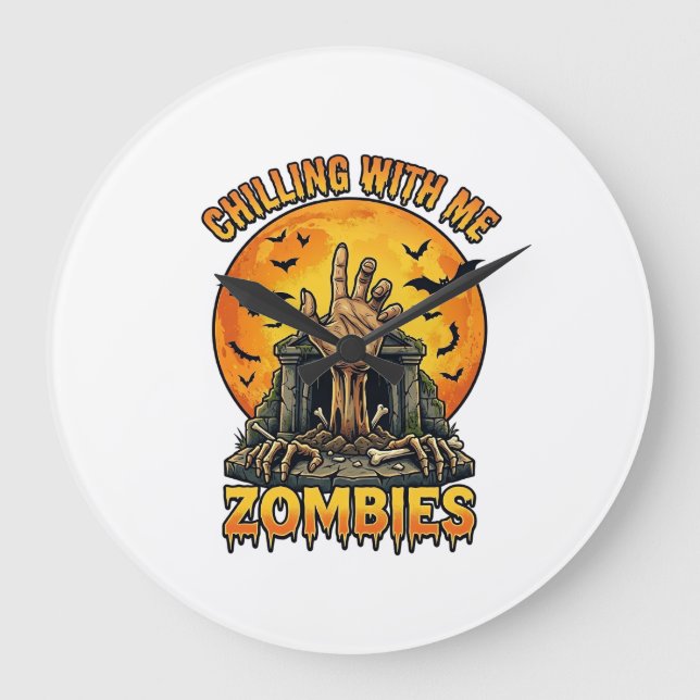 Chilling Zombies Hand Tombstone Full Moon Bats Large Clock (Front)