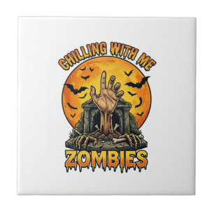 Chilling Zombies Hand Tombstone Full Moon Bats Tile