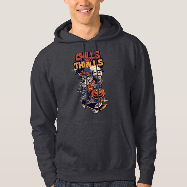 Chills and Thrills Halloween Werewolf Skateboard T Hoodie (Front)