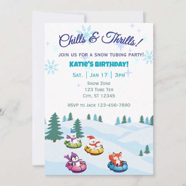 Chills & Thrills, snow tubing animals birthday Invitation (Front)