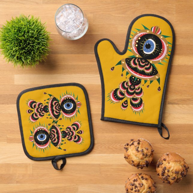 Chimera - Fish Bird  Oven Mitt & Pot Holder Set (Top Down)