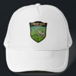 Chimney Rock State Park North Carolina Badge Trucker Hat<br><div class="desc">Chimney Rock State Park design in a badge style. The parks most noteable feature is a 315-foot granite monolith named Chimney Rock,  which is accessible by elevator and provides views of the park and surrounding countryside.</div>