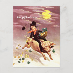 Chimney Sweep, Pig, Clovers, Gold Coins, Holiday Postcard