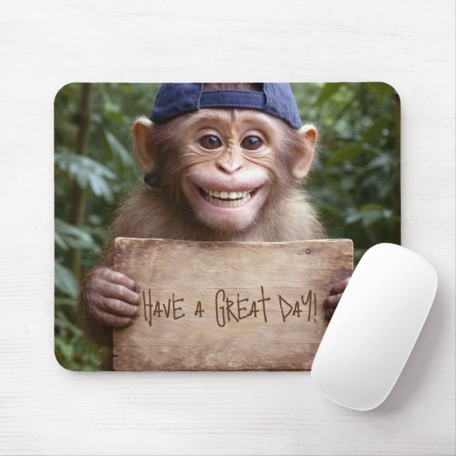 Chimp with Wooden Sign Mouse Mat (With Mouse)