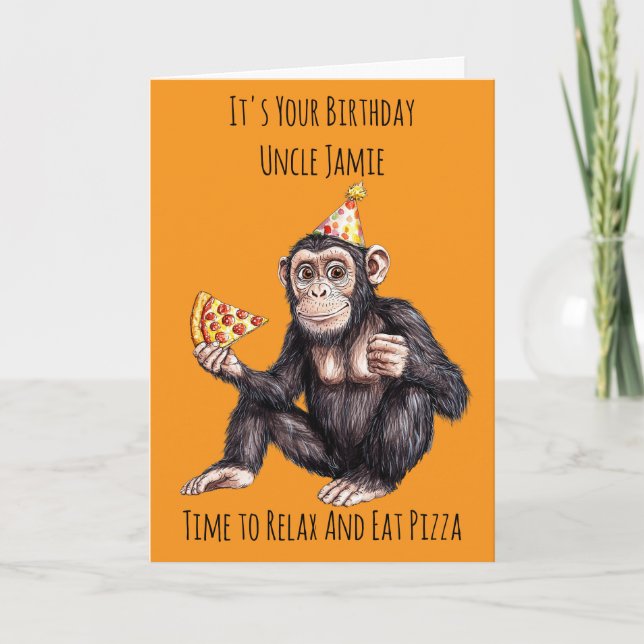 Chimpanzee Eating Pizza Birthday Card (Front)