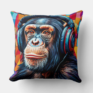 🐒 Chimpanzee Headphones Chill Modern Home 🖤 Cushion
