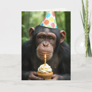 Chimpanzee Holding a Birthday Cupcake Card