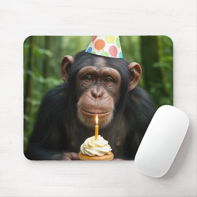 Chimpanzee Holding a Birthday Cupcake Mouse Mat (With Mouse)
