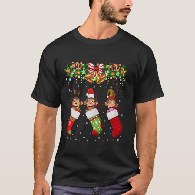 Chimpanzee In Socks Xmas Reindeer Santa ELF Chimpa T-Shirt (Front)