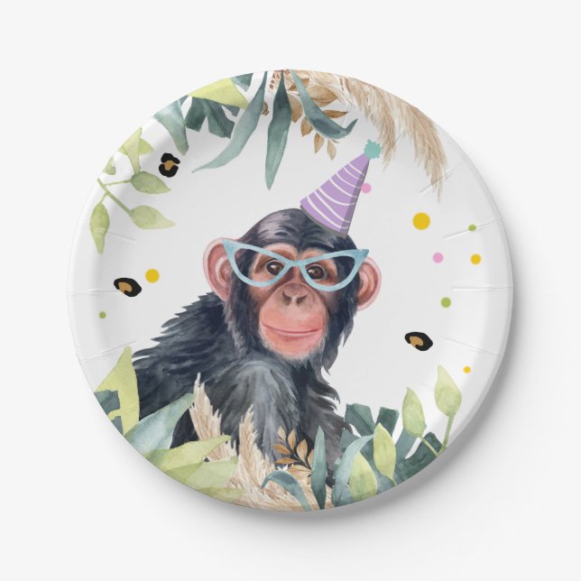 Chimpanzee Monkey Party Animals Birthday Safari Paper Plate (Front)