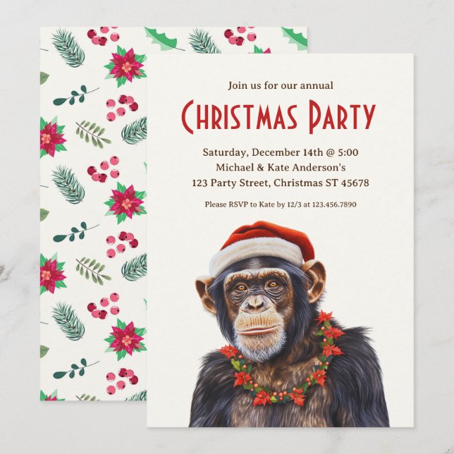 Chimpanzee Santa Hat Poinsettias Christmas Party Invitation (Front/Back)