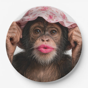 Chimpanzee Wearing Pink Lipstick Paper Plate