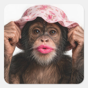 Chimpanzee Wearing Pink Lipstick Square Sticker