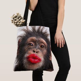 Chimpanzee Wearing Red Lipstick Tote Bag