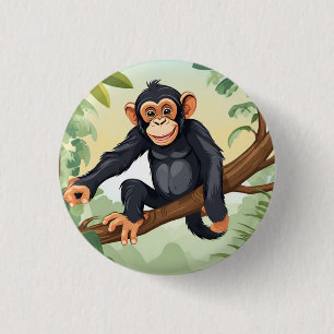 Chimpanzee with her cute tail on the branch greets 3 cm round badge