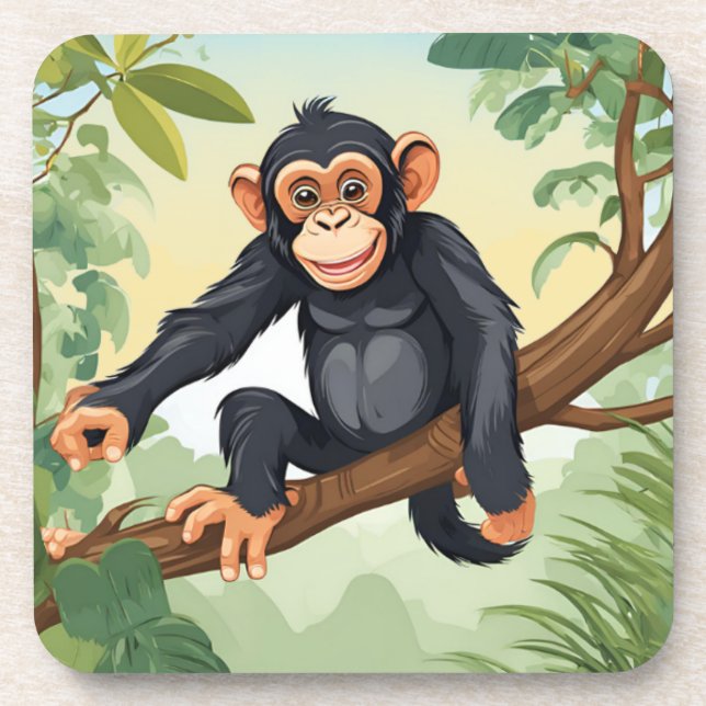 Chimpanzee with her cute tail on the branch greets coaster (Front)