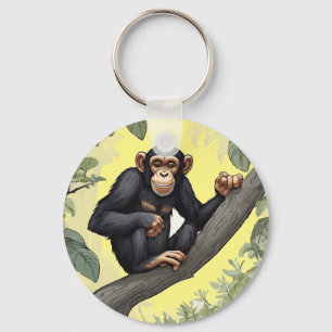 Chimpanzee with her cute tail on the branch greets key ring