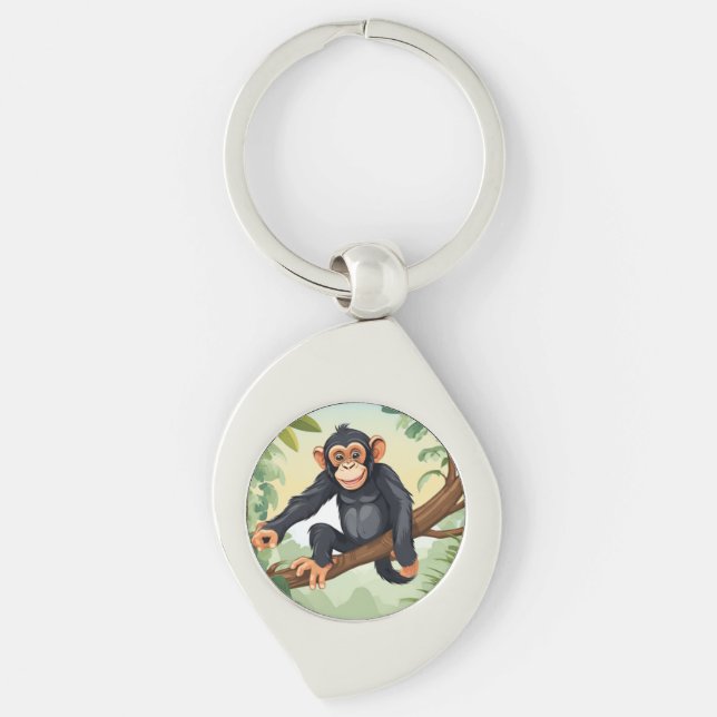 Chimpanzee with her cute tail on the branch greets key ring (Front)