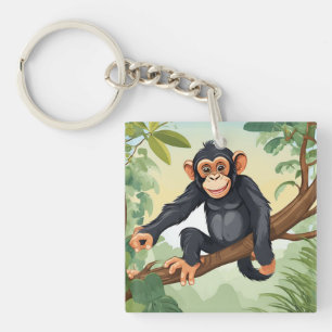 Chimpanzee with her cute tail on the branch greets key ring