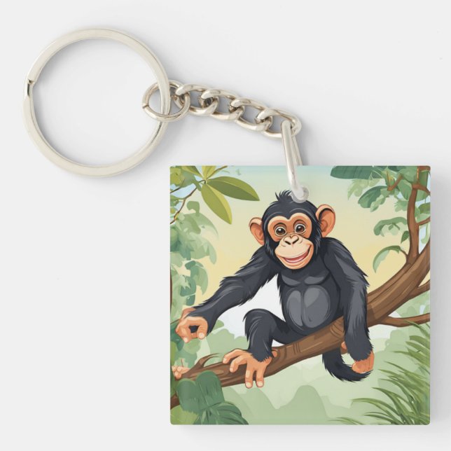 Chimpanzee with her cute tail on the branch greets key ring (Front)