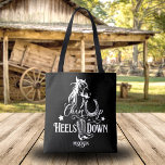 Chin up heels down cowgirl horse lover riding tote<br><div class="desc">"Chin up heels down" cowgirl quote,  horse lover tote bag. Horse riding,  western,  country design with horse,  horse shoe and western cowboy boots in black and white. You can transfer this design to any other product on Zazzle,  look at: "Transfer design to a product"!</div>