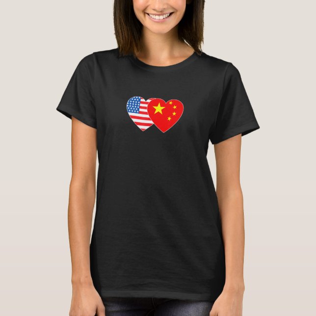 China and USA Flag Twin Heart for Chinese American T-Shirt (Front)