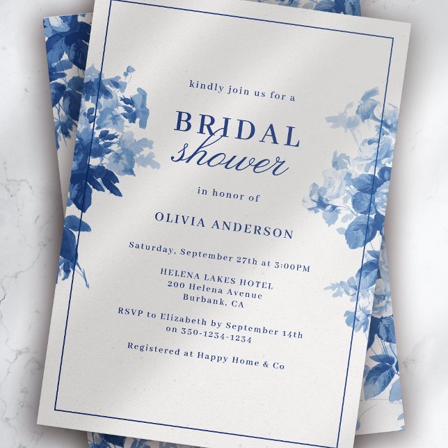 China Blue Watercolor Floral Bridal Shower Invitation (Creator Uploaded)