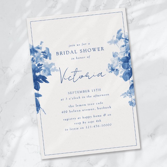 China Blue Watercolor Floral Bridal Shower Invitation (Creator Uploaded)